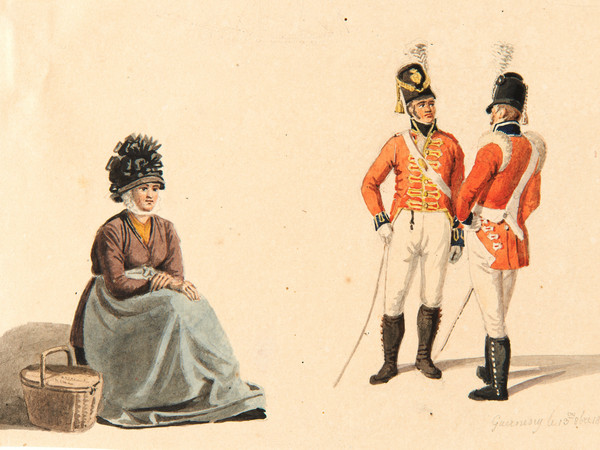 Deux personnages masculins en uniformes militaires britanniques et un personnage féminin en costume traditionnel britannique