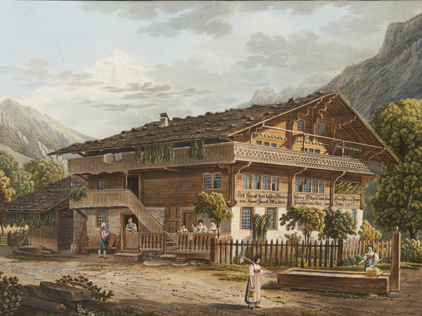 Ferme, vue extérieure. paysan ; ferme ; Breithorn ; fontaine