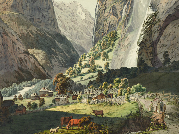 Ansicht auf den Staubbachfall im Lauterbrunnental, im Vordergrund Staffagefiguren mit Differenzierung von Tracht und städtischer Kleidung