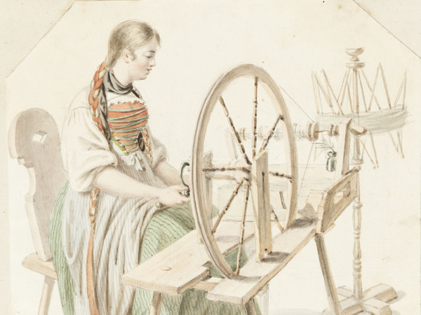 Fileuse à son rouet, en costume de Schaffhouse