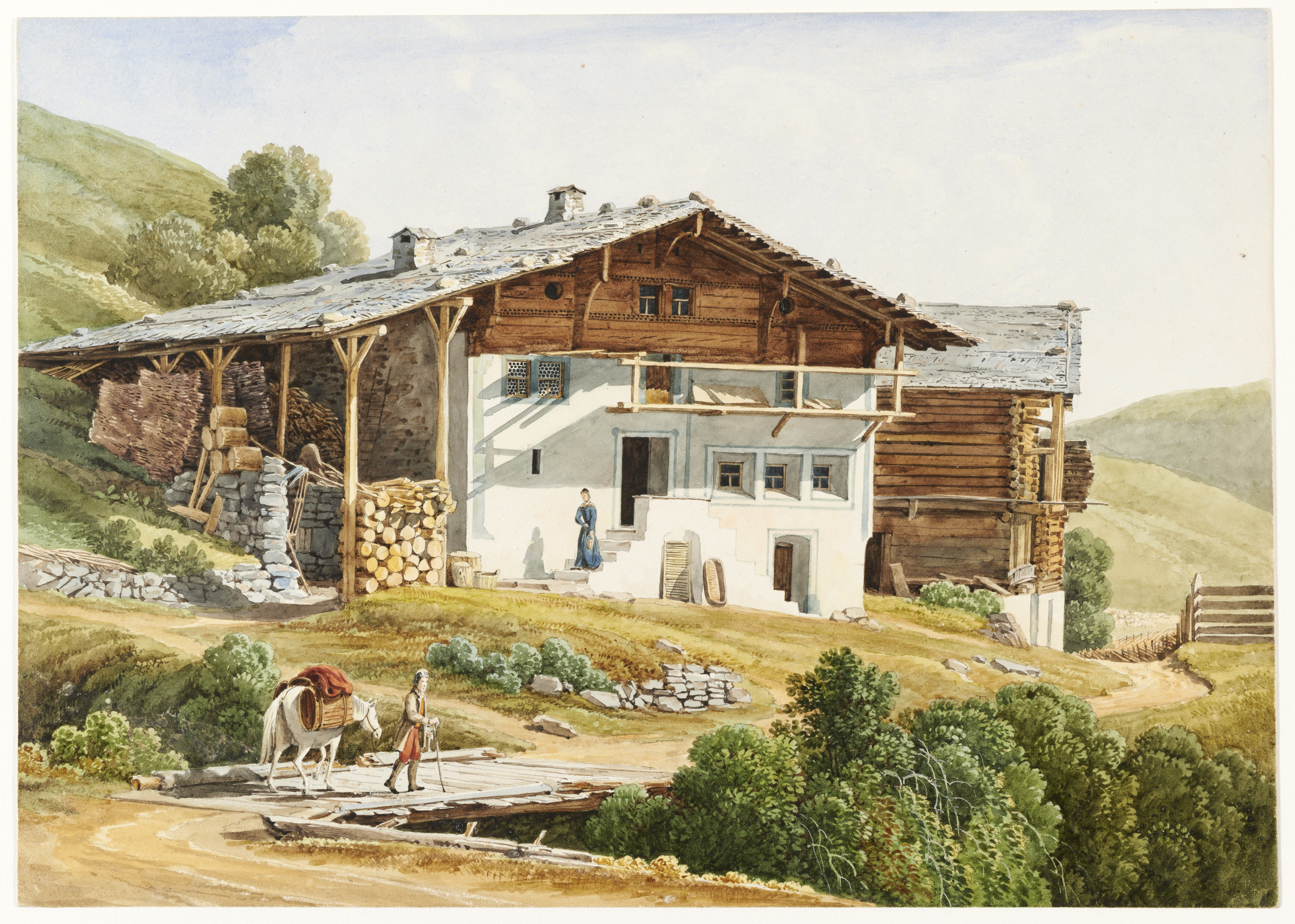 Ferme, vue extérieure. paysan ; pont ; voyageur