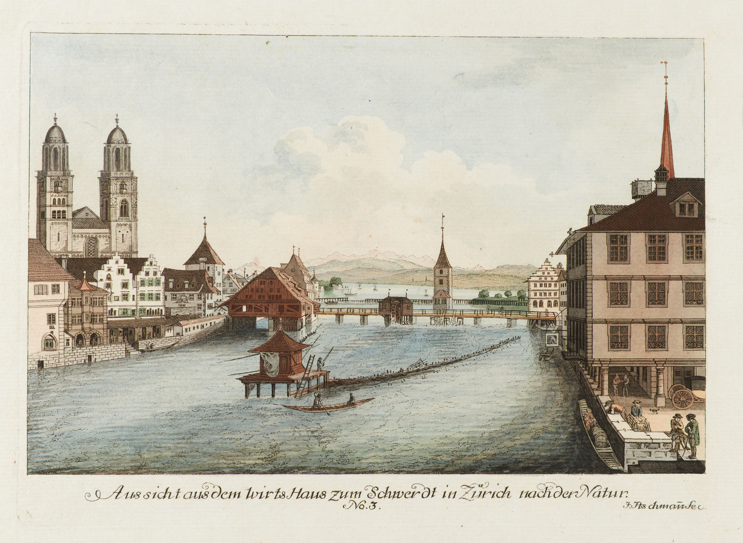 Zürich, beide Limmatufer, flussaufwärts mit Blick auf das Grossmünster, den See und die Alpen