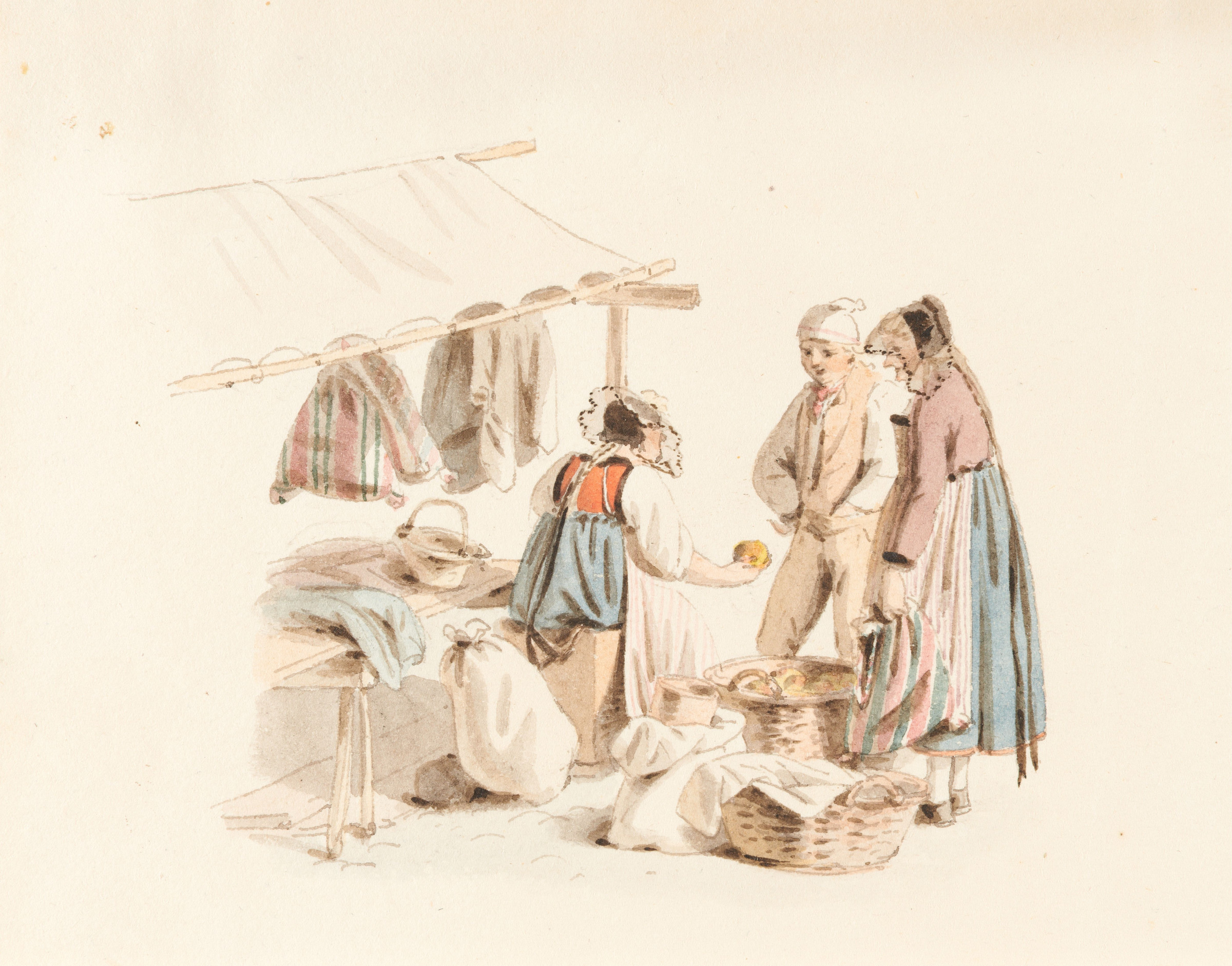 Etal de marché et paysanne en costume bernois 