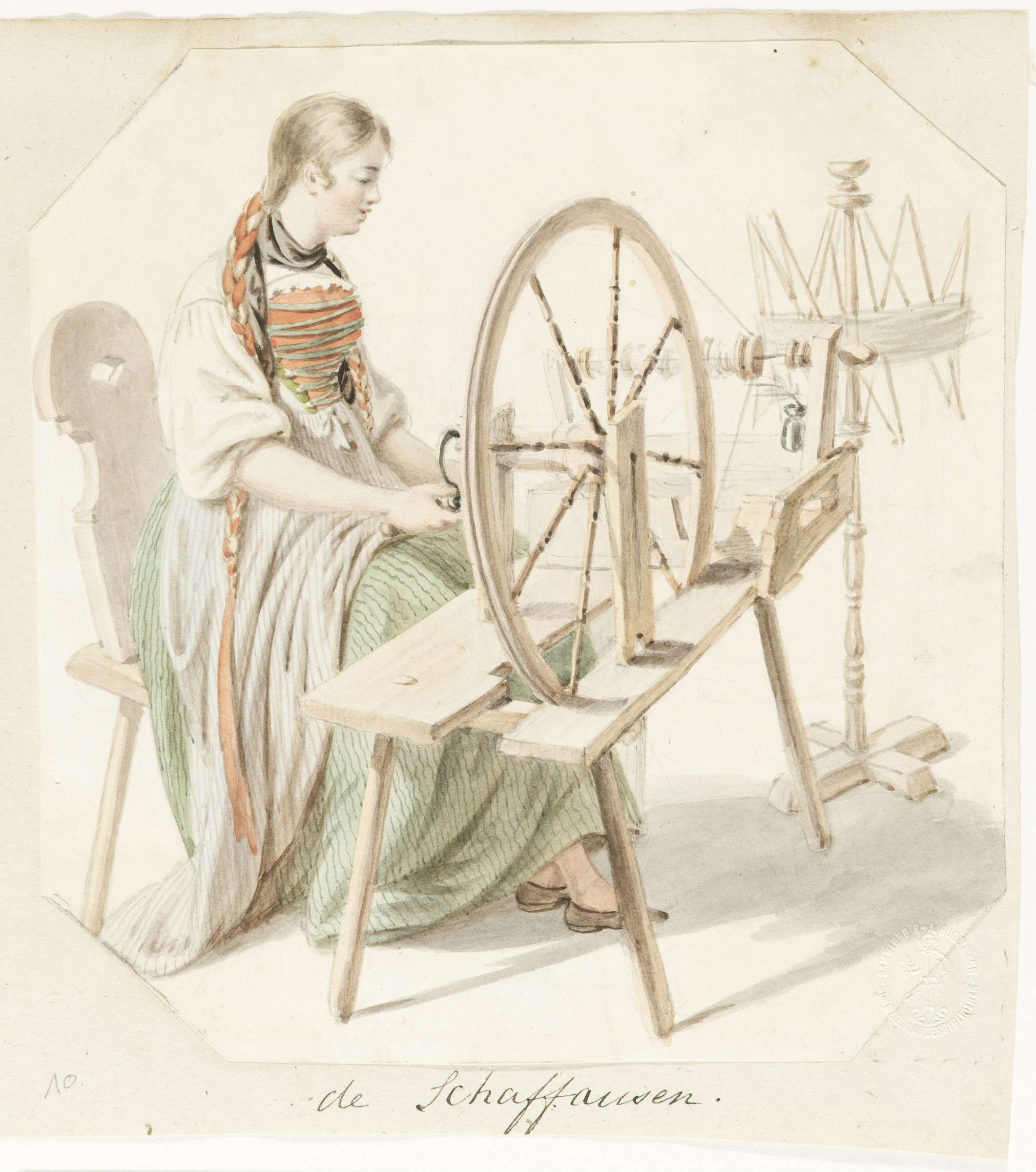 Fileuse à son rouet, en costume de Schaffhouse