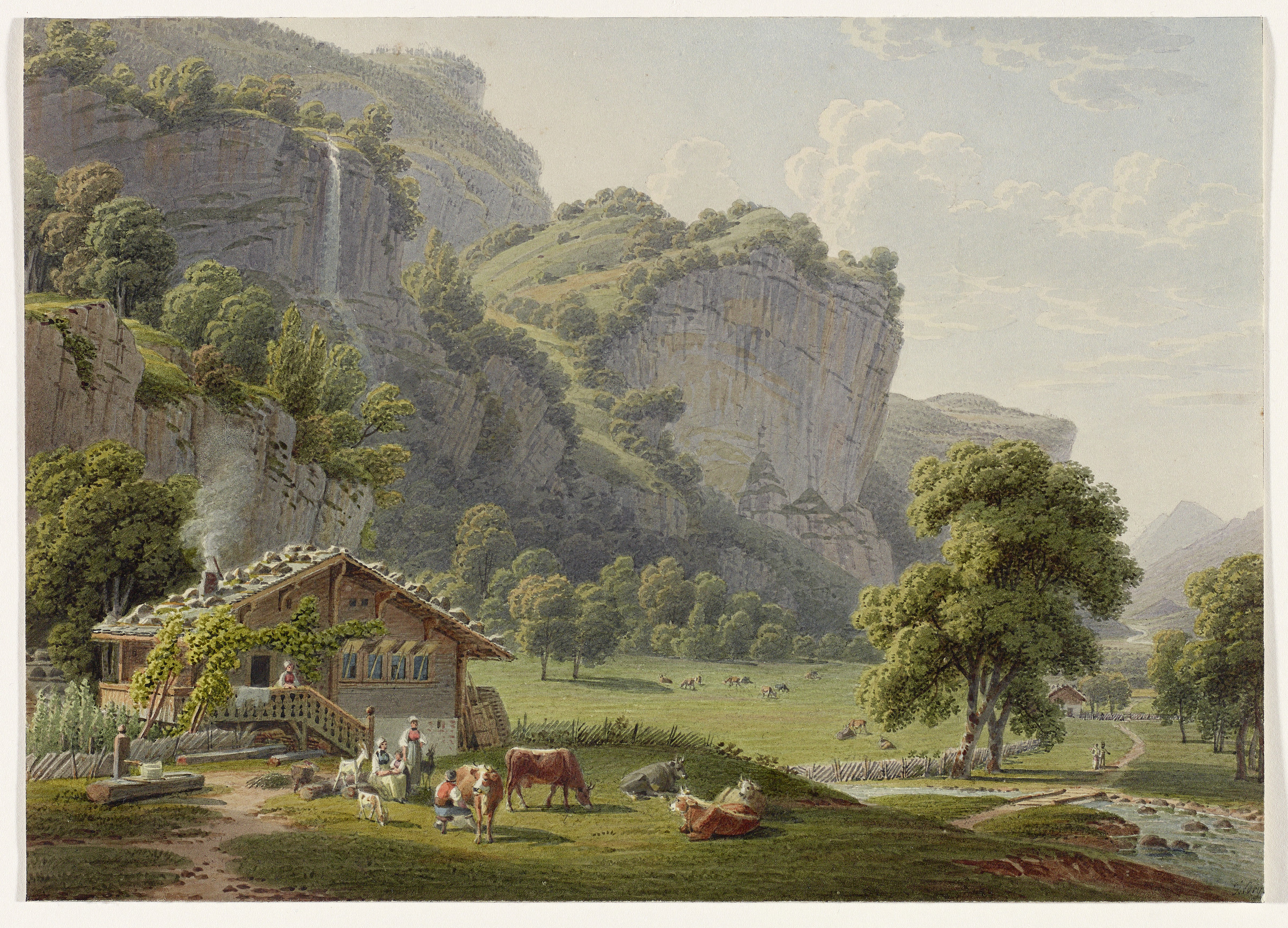 Lauterbrunnen, Teilansicht. Bauernhaus; Garten; Lauterbrunnental; Staubbachfall; Wasserfall