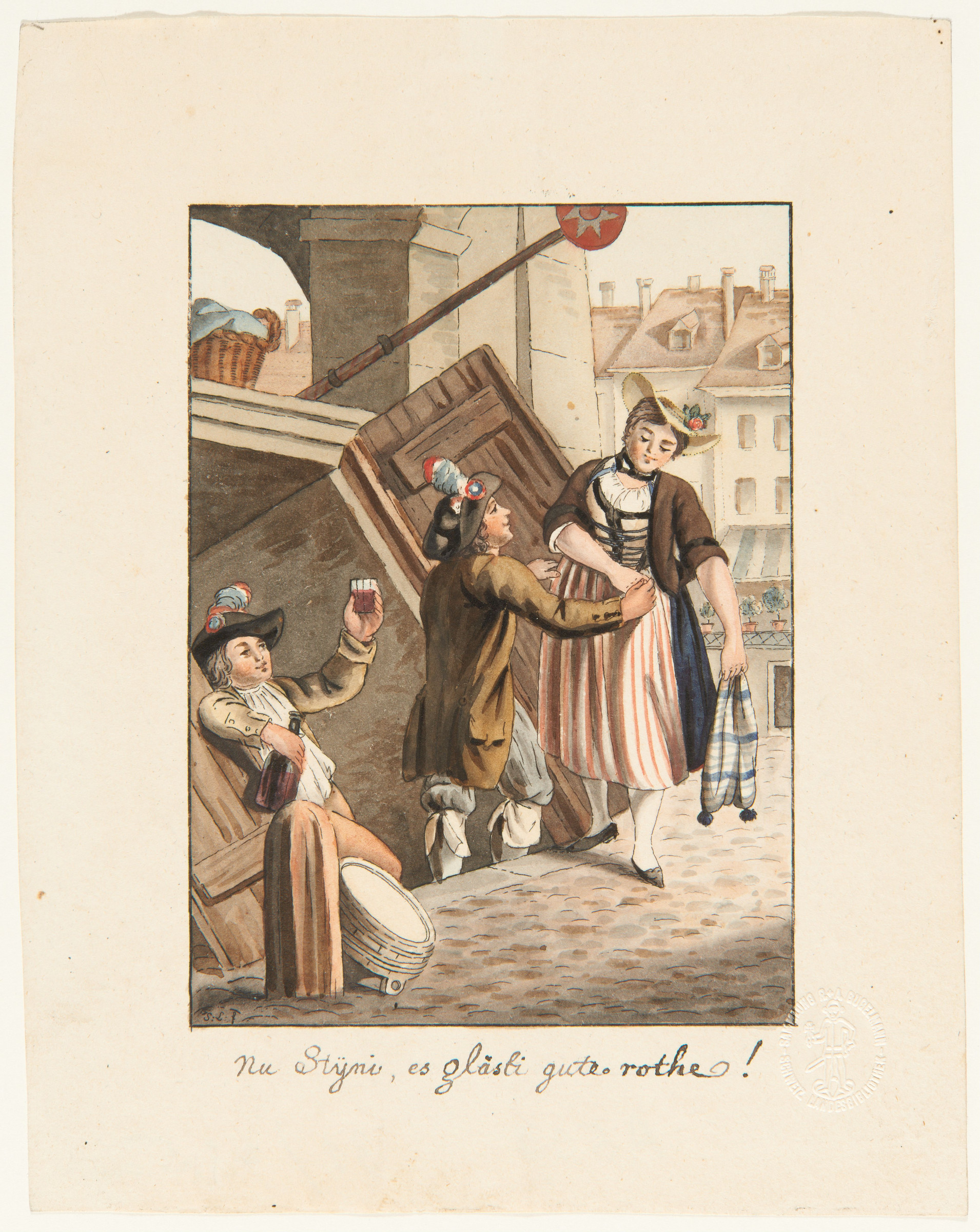 Homme séduisant une femme à l’entrée d’une taverne