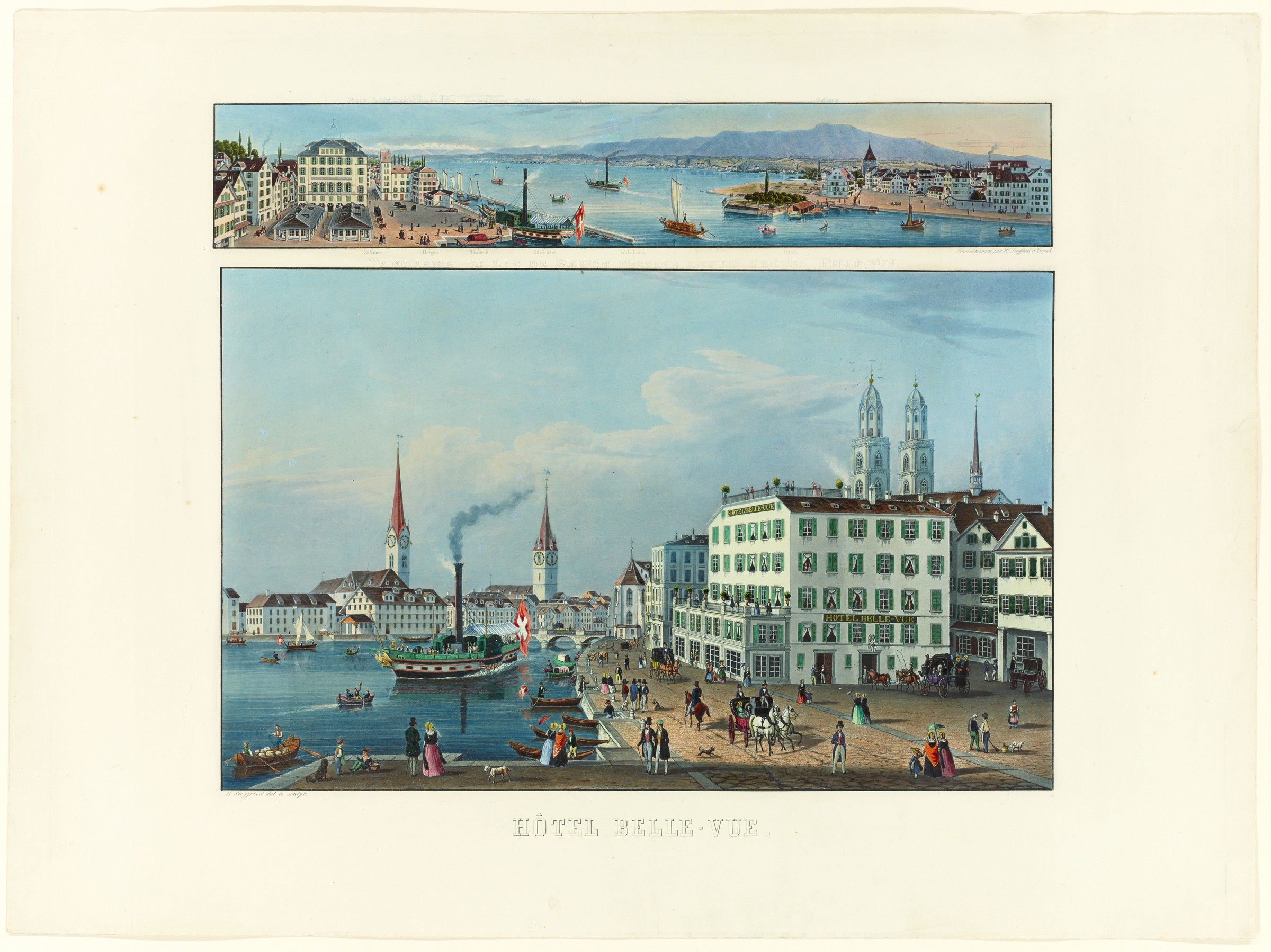 Ein Dampfschiff vor dem Hotel Bellevue am ehemaligen Sonnenquai in Zürich