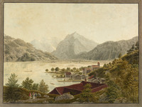 Weesen, Gesamtansicht von Nordosten. Boot; Glärnisch; Kirche; Kloster; Rautispitz; Walensee