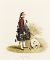 Femme en pied en costume bernois et gerbes