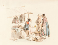 Etal de marché et paysanne en costume bernois 