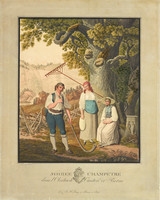 Groupe de personnages avec joueur de cor des Alpes et deux jeunes filles en costume; à l’arrière-plan, grand chêne et vallée de l’Oberhasli