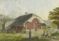 Ferme, vue extérieure. paysan ; fotaine ; Entlebuch