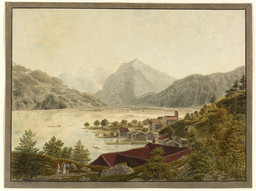 Weesen, vue générale depuis le nord-est. Bateau ; Glärnisch ; église ; monastère ; Rautispitz ; lac de Walenstadt