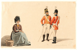 Deux personnages masculins en uniformes militaires britanniques et un personnage féminin en costume traditionnel britannique