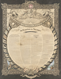 Schweizerische Bundesverfassung von 1850 mit Helvetia, Winkelried und Wilhelm Tell im Strahlenmeer, Kantonswappen im Kranz und Genrebildern in den Zwickeln