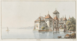 Schloss Chillon, Panoramablick von Süden. Boot; Genfer See