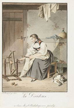 Jeune fille en costume à son rouet  