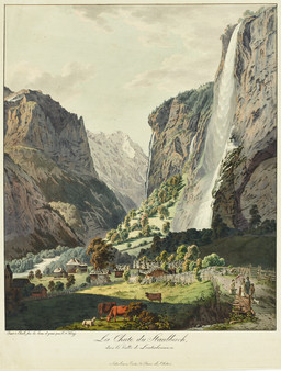 Vue de la cascade du Staubbach dans la vallée de Lauterbrunnen, avec au premier plan une mise en regard du costume traditionnel et des vêtements urbains  